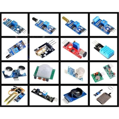 For Arduino Raspberry Pi Sensor Kit 16pcs/lot DHT11 HC-SR501 DS1302 HC-SR04 Flame MQ-2 Tilt TCRT5000 Sensor Module Kit