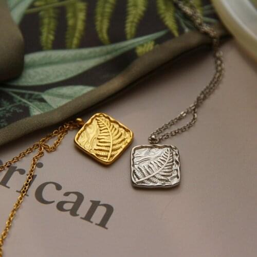 Fern leaf ~ French ins non fading titanium steel 18K Gold retro relief Square Coin short necklace