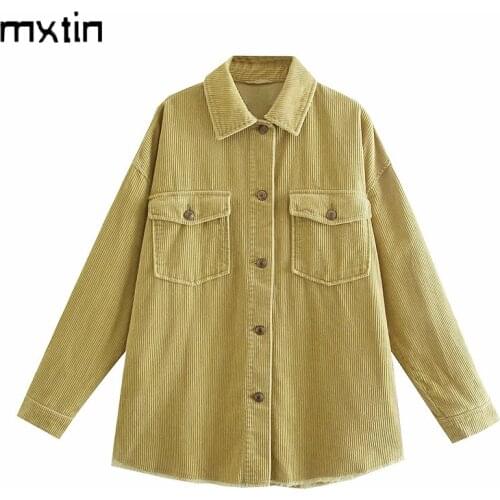 MXTIN 2021 Women Autumn Vintage Solid Button Jacket Coat Fashion Lapel Collar Long Sleeve Pockets Outerwear Casual Chic Tops