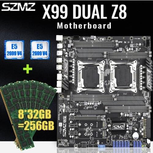 SZMZ X99 Dual CPU Motherboard Set Support Mining Chia Coins LGA2011-3 with 2*E5 2699 V4 And 8*32GB DDR4 2400MHZ ECC REG RAM