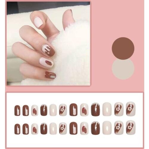 24pcs Chocolate Milky White Color Wear Long Paragraph Fashion Manicure Patch False Nails Save Time Wearable Nail Patch SANA889