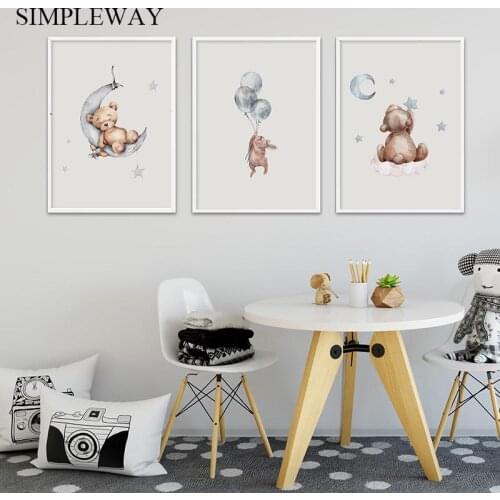 Child Poster Baby Nursery Wall Art Print Bear Bunny Woodland Animal Canvas Painting Picture Nordic Kids Baby Bedroom Decoration