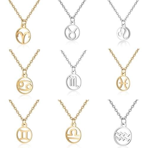 Stainless Steel 12 Constellation Pendant Necklace Round Coin Hollow Zodiac Sign Statement Clavicle Chain Necklace Unisex Jewelry