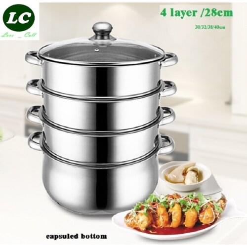 FREE SHIPPING 4 LAYER 28CM/30/32/38/40cm INOX COOKING STEAMER POT stainless steel STEW POT WITH STEAMER DRAW capsuled bottom