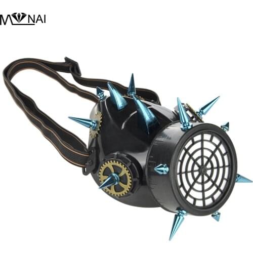 Blue Long Spikes Respirator Mask Steam Punk Clock Cogs Rivets Masks Halloween Costume Mask Accessory