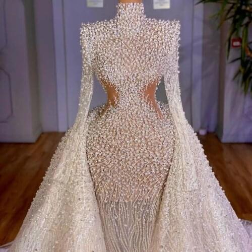 Luxury Pearls Long Sleeve Wedding Dresses Beading Bridal Gowns With Detachable Skirt Dubai vestido de novia Customise