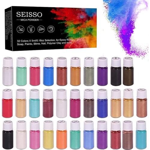 Mica Powder Pigment Supply Kit Powder Resin in Bottle Organized with Pearlescent Pearl Luster 32 Colors Fine for Soap Make