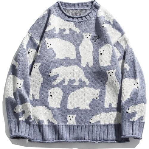 LACIBLE Harajuku Polar Bear Full Print Knitted Sweater Pullover Streetwear Knitted Sweater Hip Hop Streetwear Retro Autu