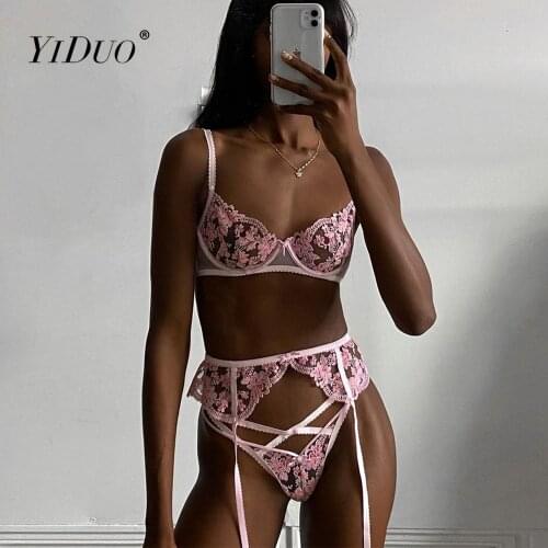 YiDuo Pink Floral Embroidery Lace Sexy Women Lingerie Set 3 Pieces Underwire Bra With Bone Garter Brief Sets Erotic Lingerie