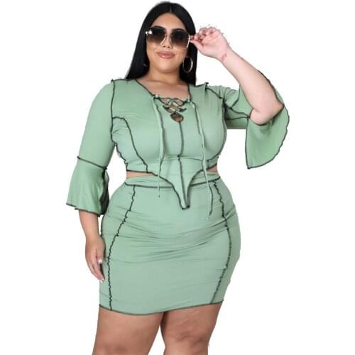 Plus Size Women Clothing 2 Piece Skirt Sets for Women Ribbing Elastic Waist Above Knee Hight Waist Skirts Wholesale Dropshipping