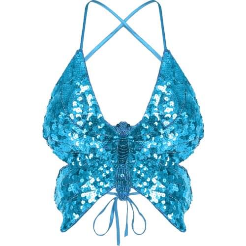 Womens Shiny Belly Dance Tops Holographic Beaded Butterfly Shaped Bra Tops Spaghetti Strap Lace-up Backless Crop Top