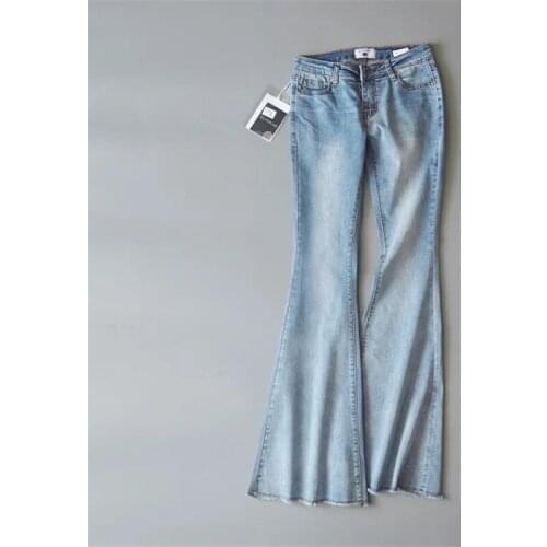 Retro style cotton washed dark blue/light blue womens denim trousers sexy low waist fashion large bell-bottoms pants