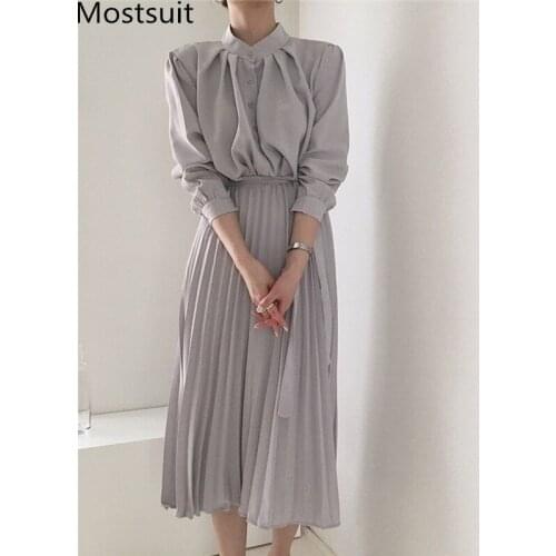 2020 Autumn Korean Elegant Women Pleated Dress Long Sleeve Stand Collar Single-breasted Belted Dresses Fashion Solid Vestidos