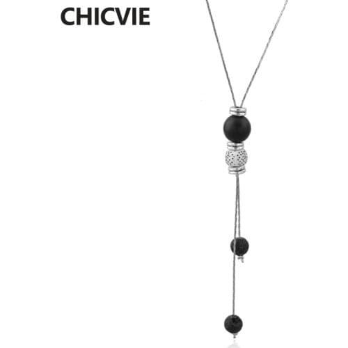 CHICVIE New Women Tassel Silver Pendant Necklace Display Statement Jewelry Necklace Charm Lava Stone Diffuse Necklaces SNE190013