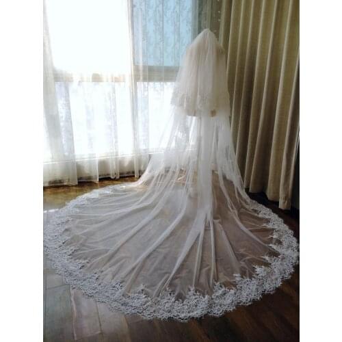 2019 Elegant Bridal Veils White Ivory Cathedral Length Lace Appliqued Edge Bridal Wedding Veil Blusher Face