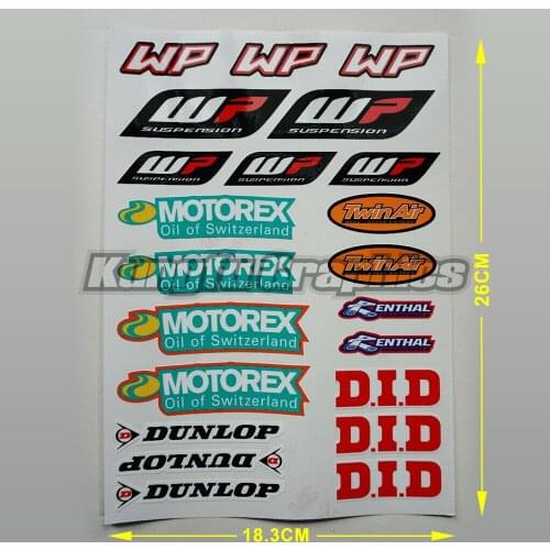 Aftermarket Dirt Bike Graphics MX Stickers WP Suspension MOTOREX Sponsor Logos for Helmet, Motorcycle, Tank, Fork, Motorbike