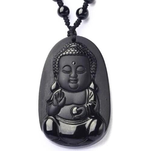 Free Shipping High Quality Handwork Carve Sakyamuni Buddha Black Obsidian Stone Pendant Fashion Jewelry With Slide Rope