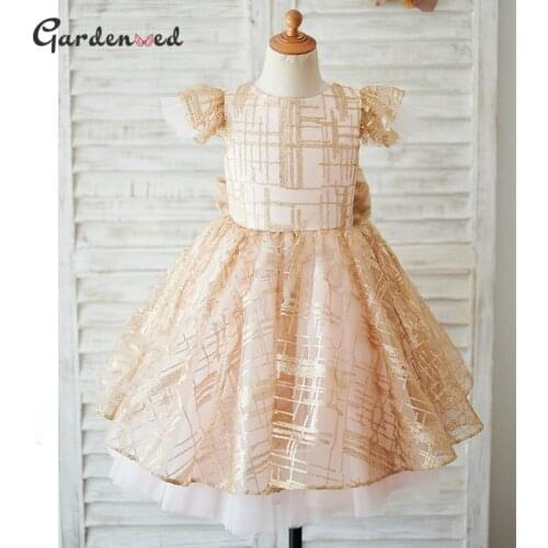 Glitter Kids Party Dress Flare Sleeves Bow Girl Princess Dress Champagne Girl Birthday Dress Aline Tulle Flower Girl Dresses