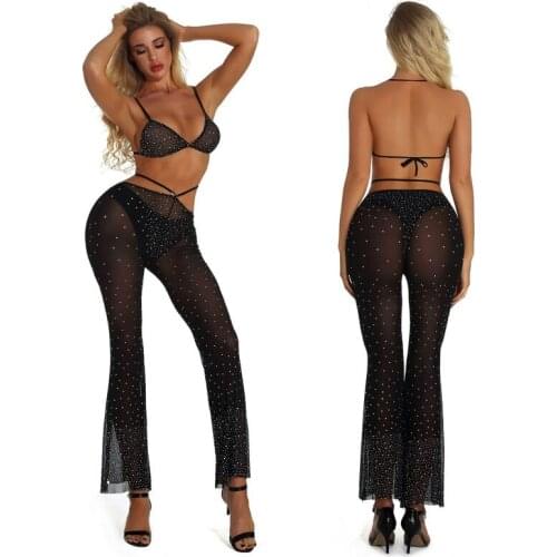 Sparkle Rhinestone Fishnets Bra & Fishnets Mesh Stockings Women Sexy Lingerie Sets High Waist Tight Pantyhose Stockings