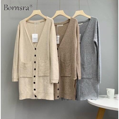 Bornsra 2021 Autumn and Winter Mid-length Loose Pocket Knitted Cardigan Sweater Women Polyester Viscose Woman Cardigan Sweater