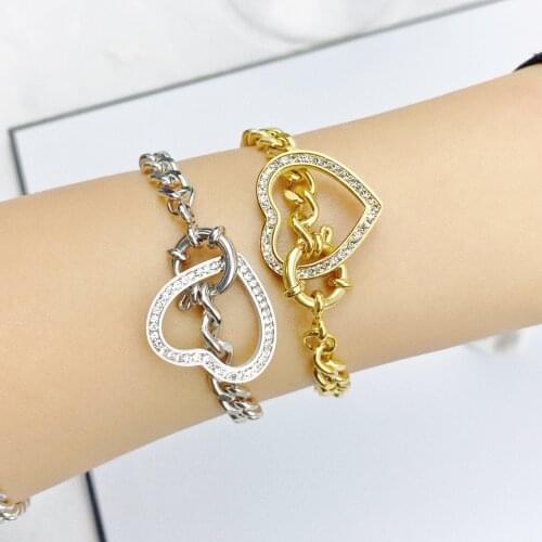 Stainless Steel CZ Crystal Heart Love Charm Bracelets For Women Girls Silver Rose Gold Chain & Link Bracelet Jewelry Party Gift