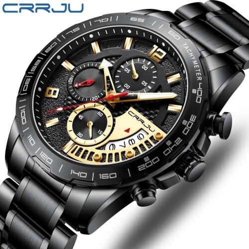 CRRJU Watches Men Fashion Design Cool Gentlemen Chronograph Analogue Quartz Stainless Steel Black Gold Wristwatch with Date