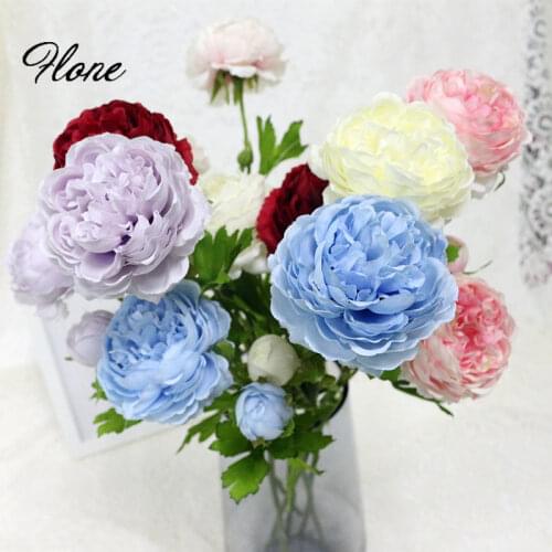 Flone 3 Heads Artificial Rose Peony Flowers Branch Simulation Silk Bouquet Fake Rose Flower Wedding Home Party Decor Floral Art