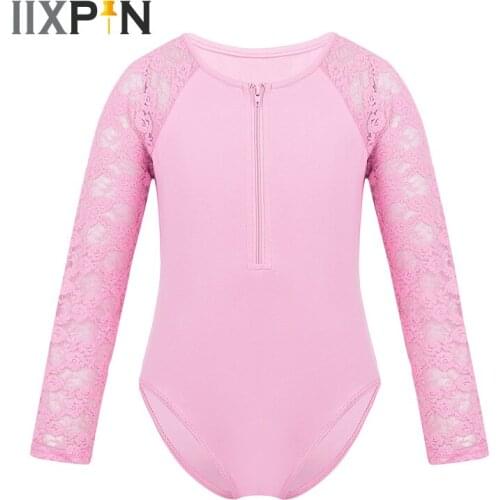 IIXPIN Girls Ballet Dance Gymnastics Leotard Floral Lace Long Sleeves Round Neck Zip-Front Closure Jumpsuit Dance wear Kids
