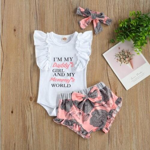 Newborn Baby Girls Fashion Summer Suit Outfit Set Fly Sleeve Letter Print Romper Shorts Headband Babys Sets