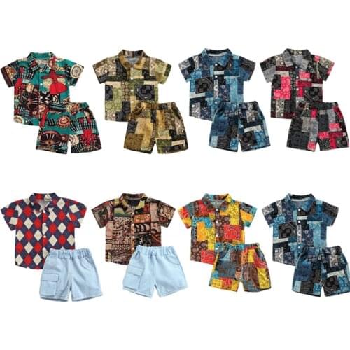 FOCUSNORM 0-5Y Summer Baby Boys Gentlemen Clothes Sets 2pcs Printed Single Breasted Shirts Tops Shorts 7 Colors