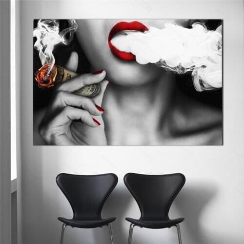 Red Lips Smoking Women Painting on Canvas Posters and Prints Cuadros Wall Art Pictures For Living Room Unframed