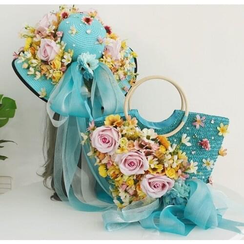 2021 Summer Straw Bag Rattan Basket Bag Womens Seaside Vacation Beach Bag Handmade Flower Ribbon Luxury Totes with Sun Hat