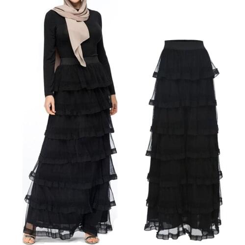 Fashion Womens Long Skirt Mesh Pleat Muslim Bottoms Ruffle Cake Layered style Pencil High Waist Ramadan Party Islamic Clothing