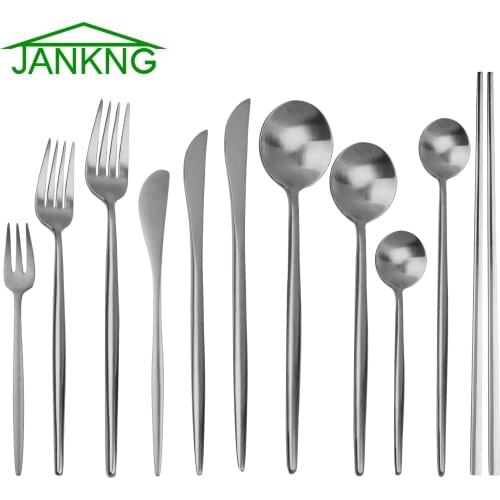 Matte Silver Dinnerware Set 18/10 Stainless Steel Cutlery Set Dessert Fork Knives Spoon Chopsticks Silverware Steak Tableware