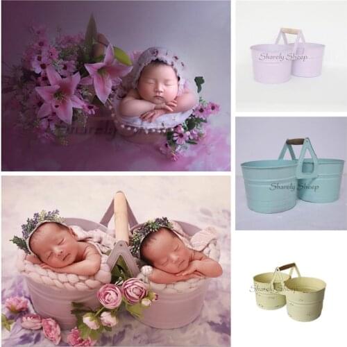 Twins Baby Photography Posing Props Iron Bucket Newborn Boy Girl Photo Shoot Studio Basket bebe fotografia Accessory Shoot Prop