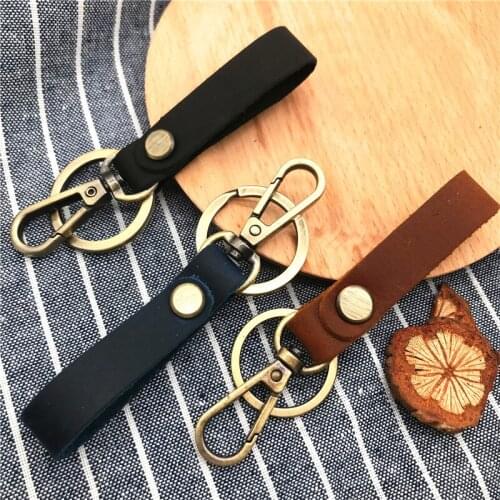 Head layer cowhide leather Retro rope handmade keychain car buckle gifts crafts Mobile Phone Chain Straps Keychain Charm Cords
