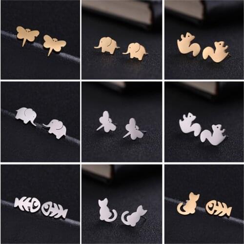 Teamer Squirrel Elephant Fish Bones Cat Dragonfly Cartoon Animal Earrings Stainless Steel Ear Stud for Women Girls