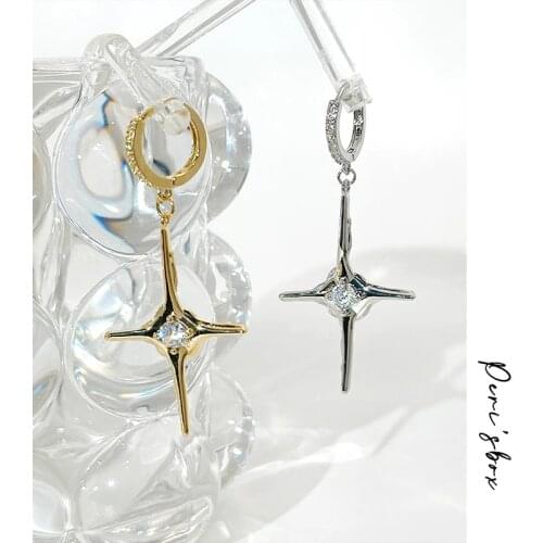 PerisBox Celestial Star Hoop Earrings For Women Micro Inlay Sparkly Zircon Huggie Earring Romantic Dainty Wedding Cross Earring