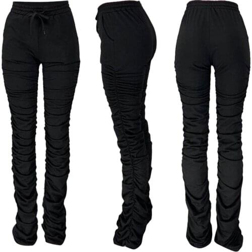 Black Gray Color Pleated Stacked Sweatpants for Women Elastic Thick Stacked Leggings Pants High Waist Trousers Bell Bottom Pants