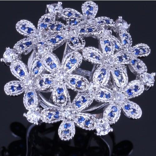 Super Huge Flower Blue Cubic Zirconia White CZ Silver Plated Ring V0525