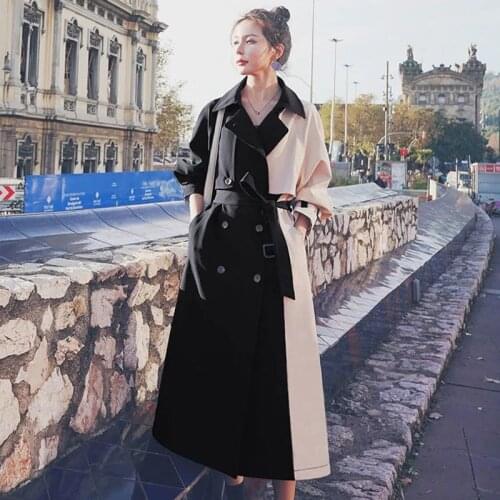 Double-Breasted Turn-Down Collar Women Trench Coats Contrast Color Patchwork Outerwear Autumn Long Big Size Female Windbreaker