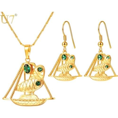 U7 Green AAA Cubic Zirconia Sailboat Stones Necklace Dangle Earrings For Women Wonder Jewelry Sets For Papua New Guinea S1023