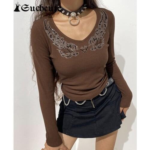 SUCHCUTE Rhinestone Vintage Womens T-shirts Aesthetic Casual Slim Cropped Tops Female Long Sleeve Streetwear 2000s Tee Shirts