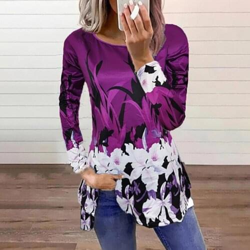 New Elegant Women T-shirt Stylish Floral Print Long Sleeve Breathable Casual Autumn All Match Round Neck Top Pullover Streetwear
