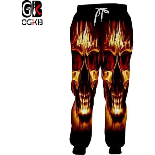 OGKB New Arrival Women/mens Cool Print Flame Skull 3d Sweatpants Homme Hiphop Streetwear Punk Casual Sweat Pants Joggers Haren