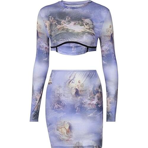 Women Two Piece Set Sheath Tie-dye Printed Printing Long Sleeve Top Two Piece Skirt Suit Female Ladies Clothing Outfits