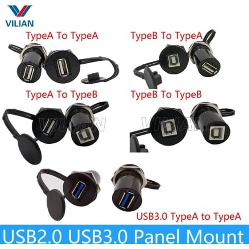 USB2.0 USB3.0 female socket plug Panel Mount adapter Connector IP54 extension cord connector With cap Waterproof Dustproof 1pcs