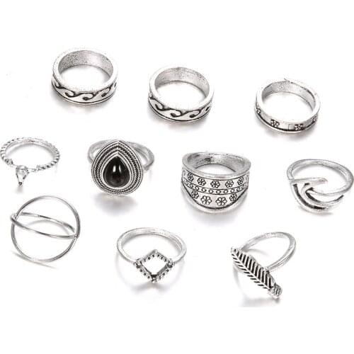 10pcs of pack vingate geometric knuckle rings for women with carved leaf and black resin teardrop design female knokkels rings