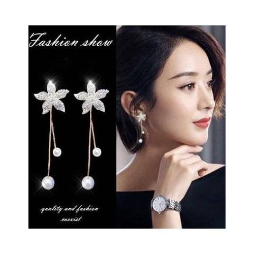 2020 fashion new crystal flower long pearl Tassel Earrings Temperament Flower Earrings