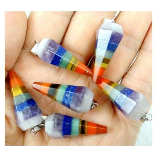 35MM Natural stone Turquoises Quartz Crystal lapis Opal tiger eye 7 Chakra Layered pendant for diy Jewelry making necklace 4PCS